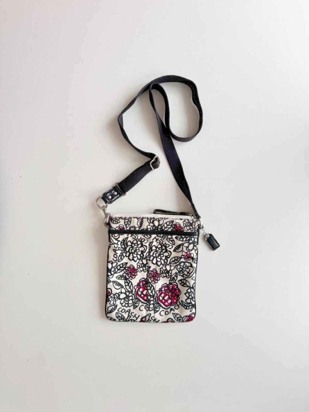 COACH White Black Floral Graffiti Nylon Leather Trim Crossbody Purse